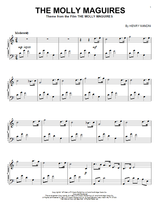 Henry Mancini "The Molly Maguires" Sheet Music PDF Notes, Chords | Film/TV  Score Piano Solo Download Printable. SKU: 77789