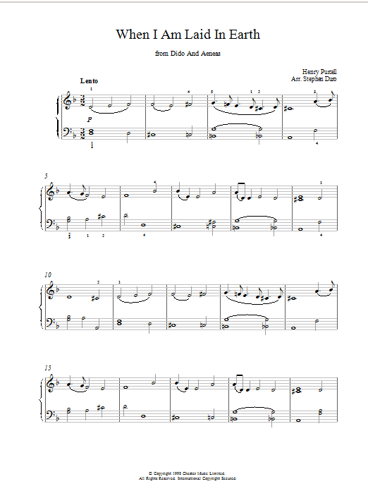 Learn to play Henry Purcell When I Am Laid In Earth (from Dido And Aeneas) sheet music for Piano Solo in minutes. Henry Purcell When I Am Laid In Earth (from Dido And Aeneas) sheet music notes and chords. Download Printable PDF.