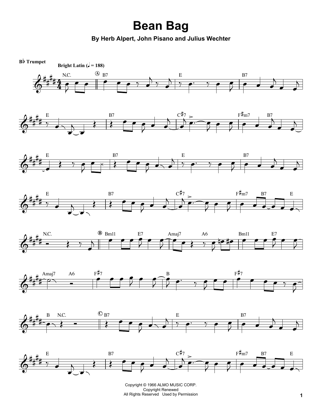 Herb Alpert Bean Bag sheet music notes and chords. Download Printable PDF.