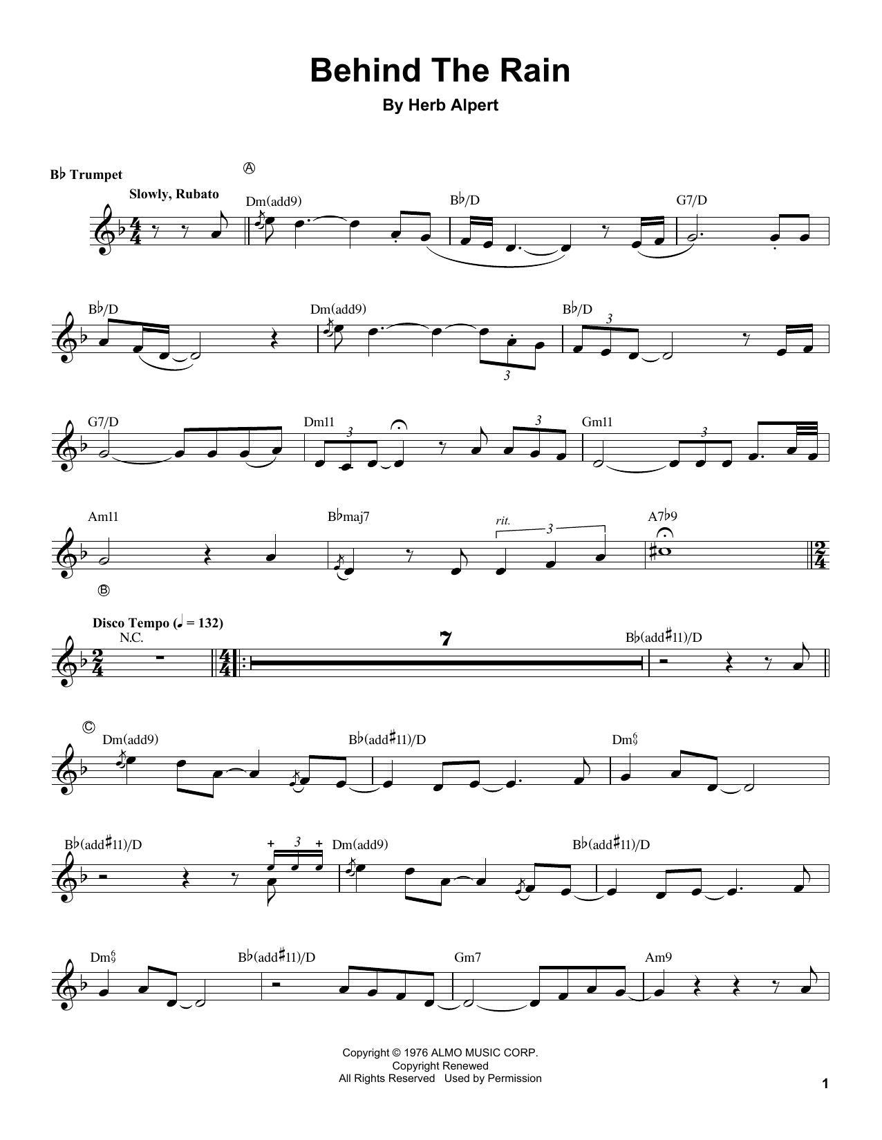 Herb Alpert Behind The Rain sheet music notes and chords. Download Printable PDF.