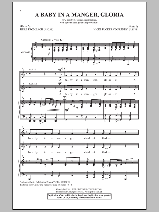 Learn to play Herb Frombach A Baby In A Manger, Gloria! sheet music for 2-Part Choir in minutes. Price: 3.9900$ Herb Frombach A Baby In A Manger, Gloria! sheet music notes and chords arranged for 2-Part Choir