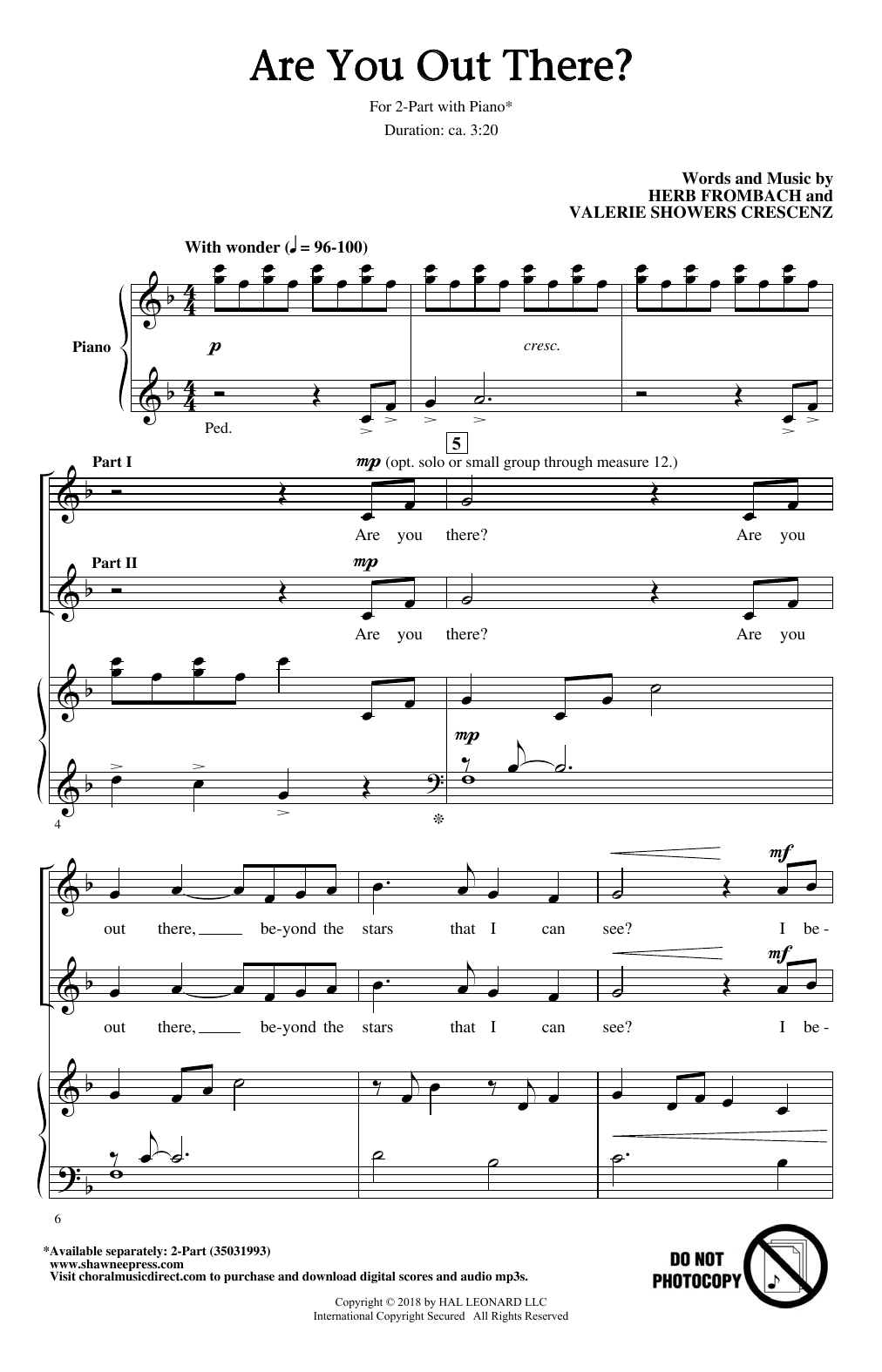 Learn to play Herb Frombach Are You Out There? sheet music for 2-Part Choir in minutes. Price: 3.9900$ Herb Frombach Are You Out There? sheet music notes and chords arranged for 2-Part Choir
