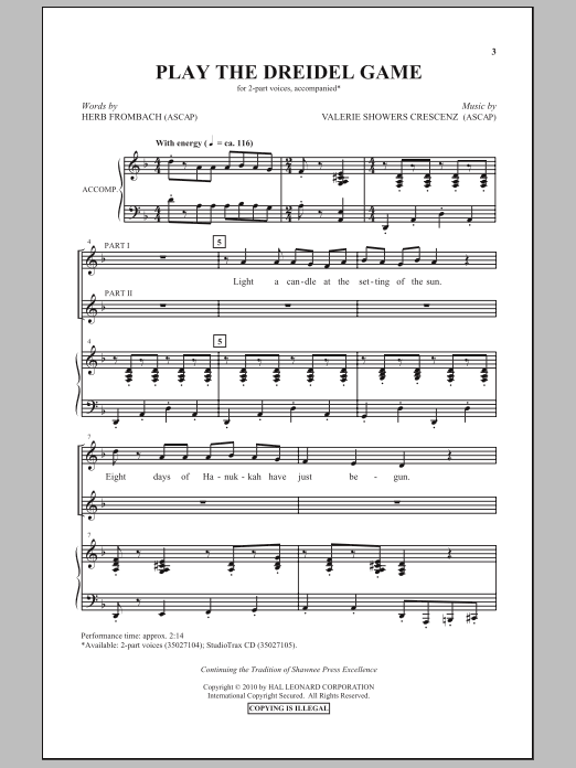 Learn to play Herb Frombach Play The Dreidel Game sheet music for 2-Part Choir in minutes. Price: 3.9900$ Herb Frombach Play The Dreidel Game sheet music notes and chords arranged for 2-Part Choir