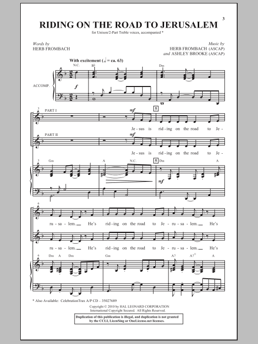 Learn to play Herb Frombach Riding On The Road To Jerusalem sheet music for 2-Part Choir in minutes. Price: 3.9900$ Herb Frombach Riding On The Road To Jerusalem sheet music notes and chords arranged for 2-Part Choir