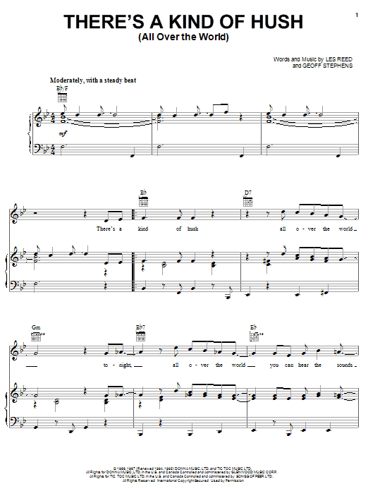 Learn to play Herman's Hermits There's A Kind Of Hush (All Over The World) sheet music for Lead Sheet / Fake Book in minutes. Herman's Hermits There's A Kind Of Hush (All Over The World) sheet music notes and chords. Download Printable PDF.
