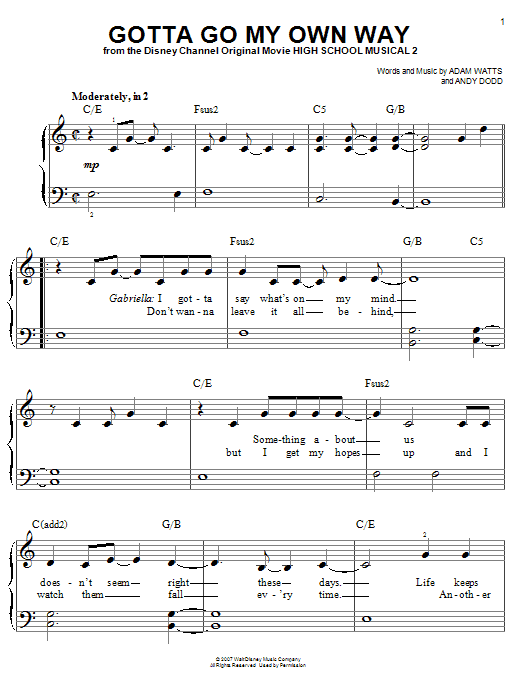 High School Musical 2 Gotta Go My Own Way sheet music notes and chords. Download Printable PDF.