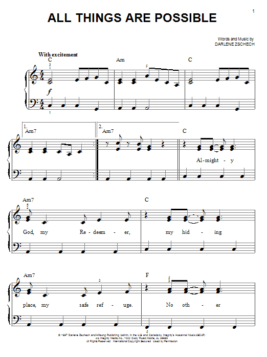 Learn to play Darlene Zschech All Things Are Possible sheet music for Easy Piano in minutes. Price: 6.9900$ Darlene Zschech All Things Are Possible sheet music notes and chords arranged for Easy Piano