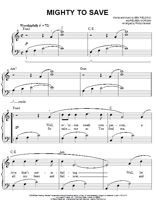 Reuben Morgan Mighty To Save sheet music notes and chords arranged for Easy Piano