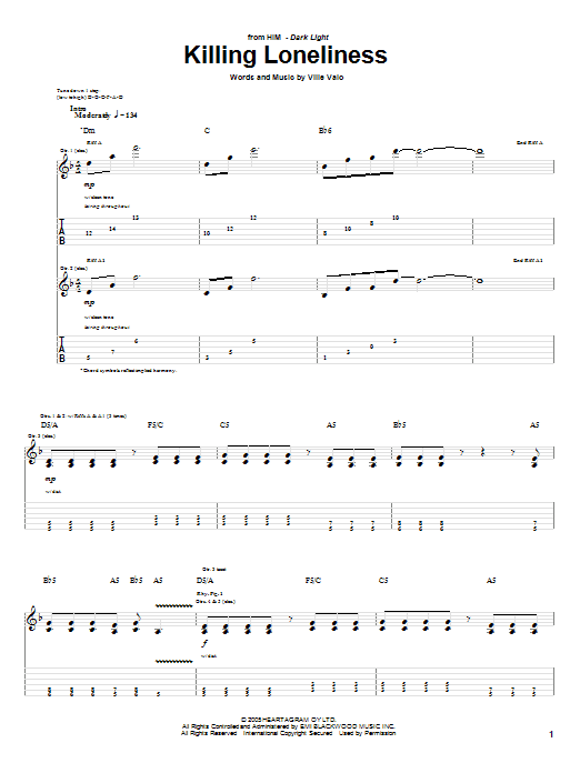 H.I.M. Killing Loneliness sheet music notes and chords. Download Printable PDF.