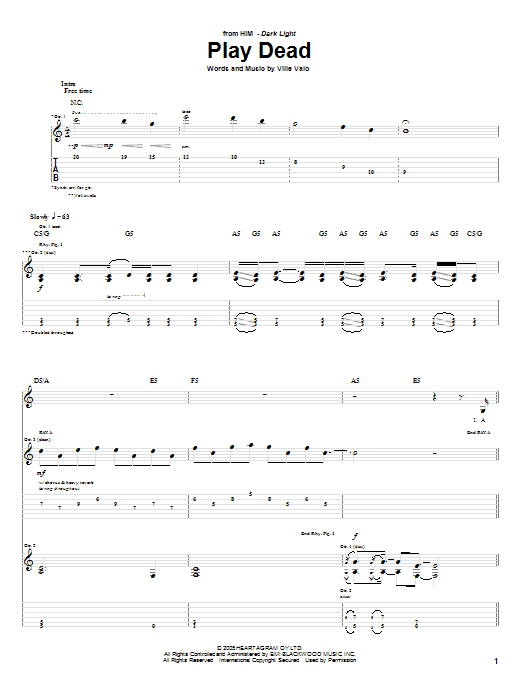 H.I.M. Play Dead sheet music notes and chords. Download Printable PDF.