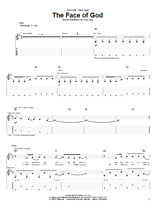 H.I.M. The Face Of God sheet music notes and chords. Download Printable PDF.