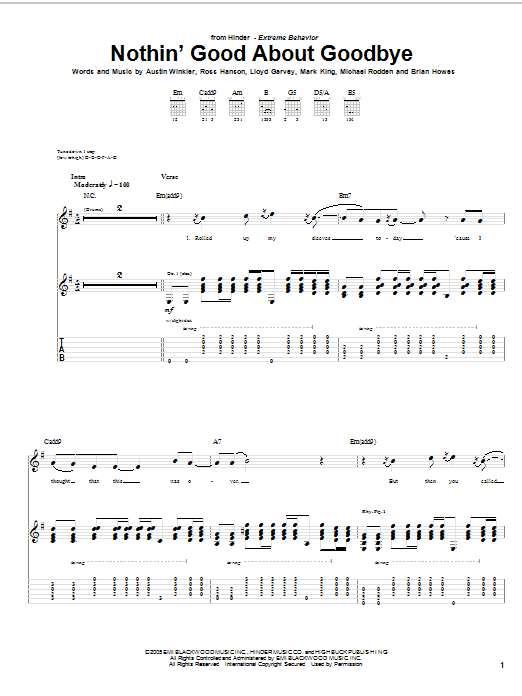 Hinder Nothin' Good About Goodbye sheet music notes and chords. Download Printable PDF.