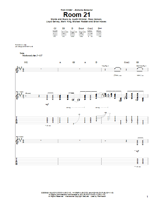 Hinder Room 21 sheet music notes and chords. Download Printable PDF.