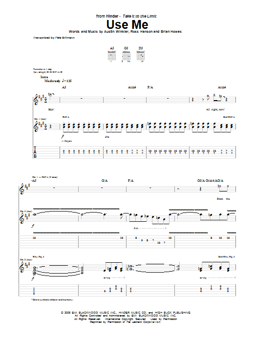 Hinder Use Me sheet music notes and chords. Download Printable PDF.