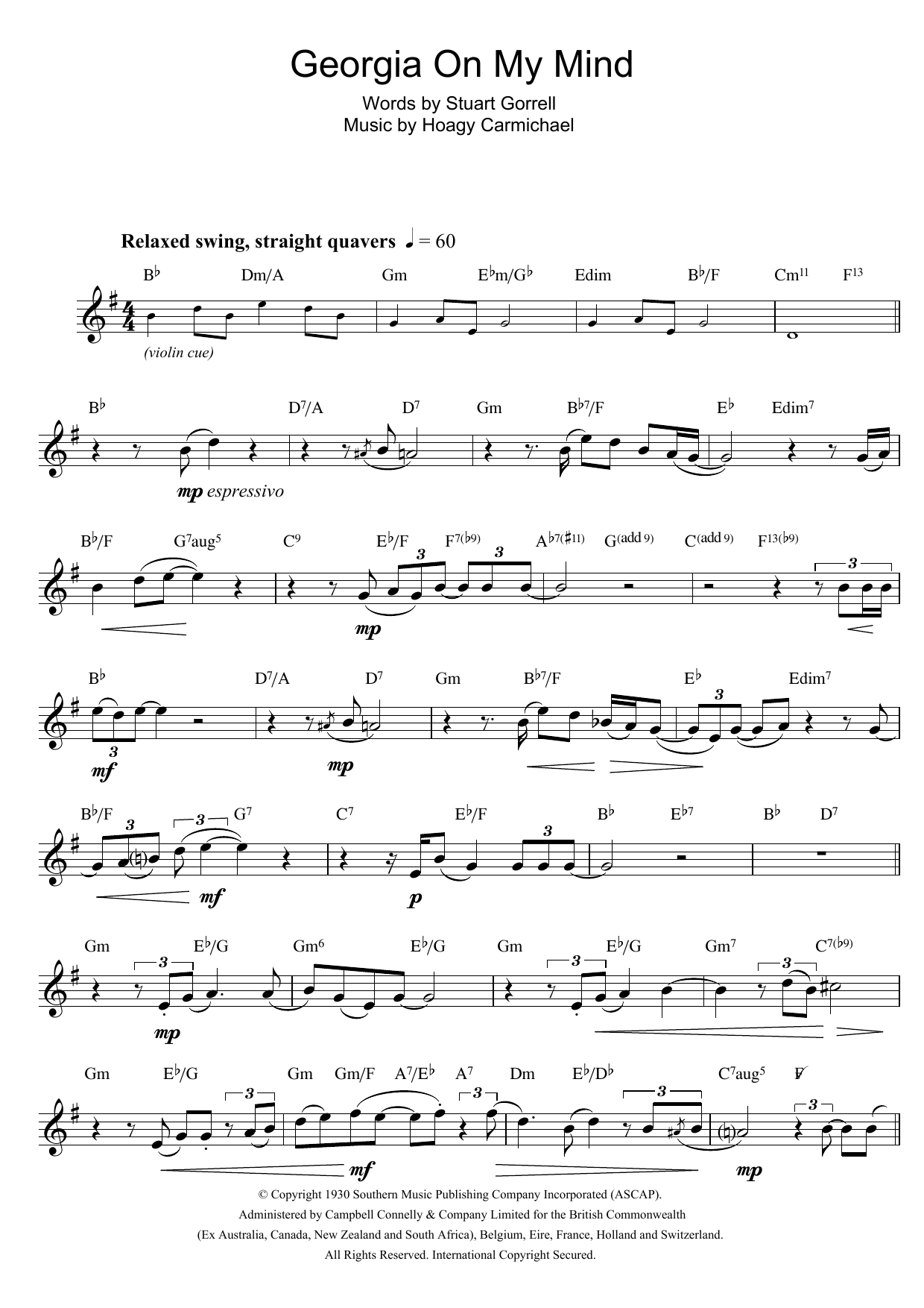 Hoagy Carmichael Georgia On My Mind sheet music notes and chords. Download Printable PDF.