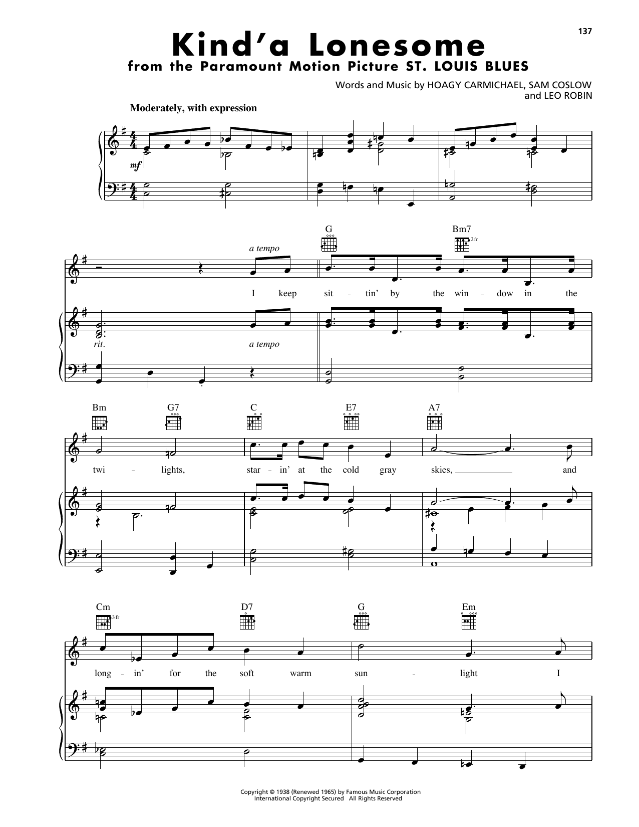 Hoagy Carmichael Kind'a Lonesome sheet music notes and chords. Download Printable PDF.