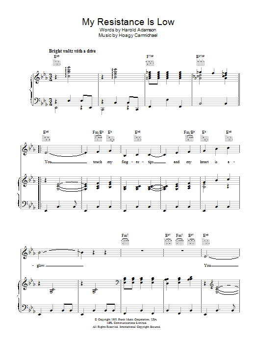 Learn to play Hoagy Carmichael My Resistance Is Low sheet music for Piano, Vocal & Guitar (Right-Hand Melody) in minutes. Price: 7.9900$ Hoagy Carmichael My Resistance Is Low sheet music notes and chords. Download Printable PDF.