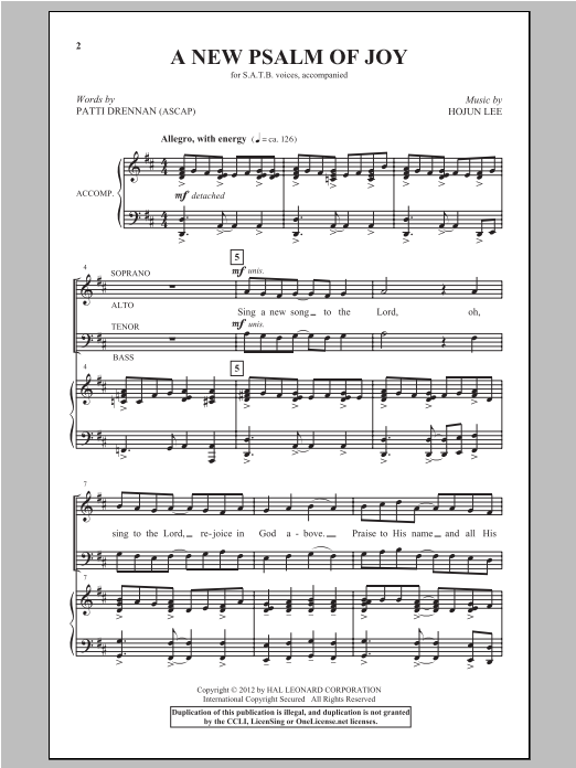 Learn to play Hojun Lee A New Psalm Of Joy sheet music for SATB Choir in minutes. Price: 3.9900$ Hojun Lee A New Psalm Of Joy sheet music notes and chords arranged for SATB Choir