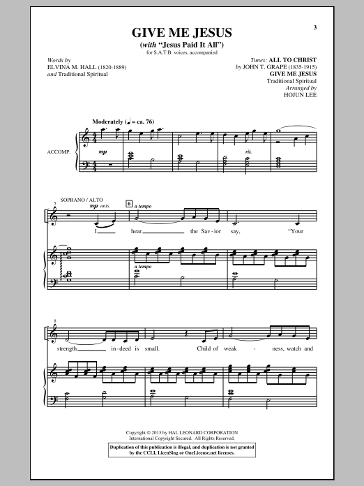 Learn to play Hojun Lee Jesus Paid It All sheet music for SATB Choir in minutes. Price: 3.9900$ Hojun Lee Jesus Paid It All sheet music notes and chords arranged for SATB Choir