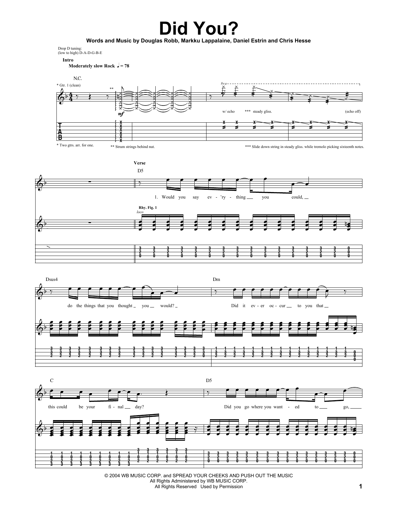 Hoobastank Did You? sheet music notes and chords arranged for Guitar Tab