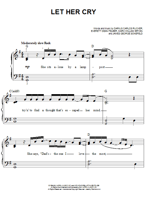 Learn to play Hootie & The Blowfish Let Her Cry sheet music for Easy Piano in minutes. Price: 6.9900$ Hootie & The Blowfish Let Her Cry sheet music notes and chords arranged for Easy Piano