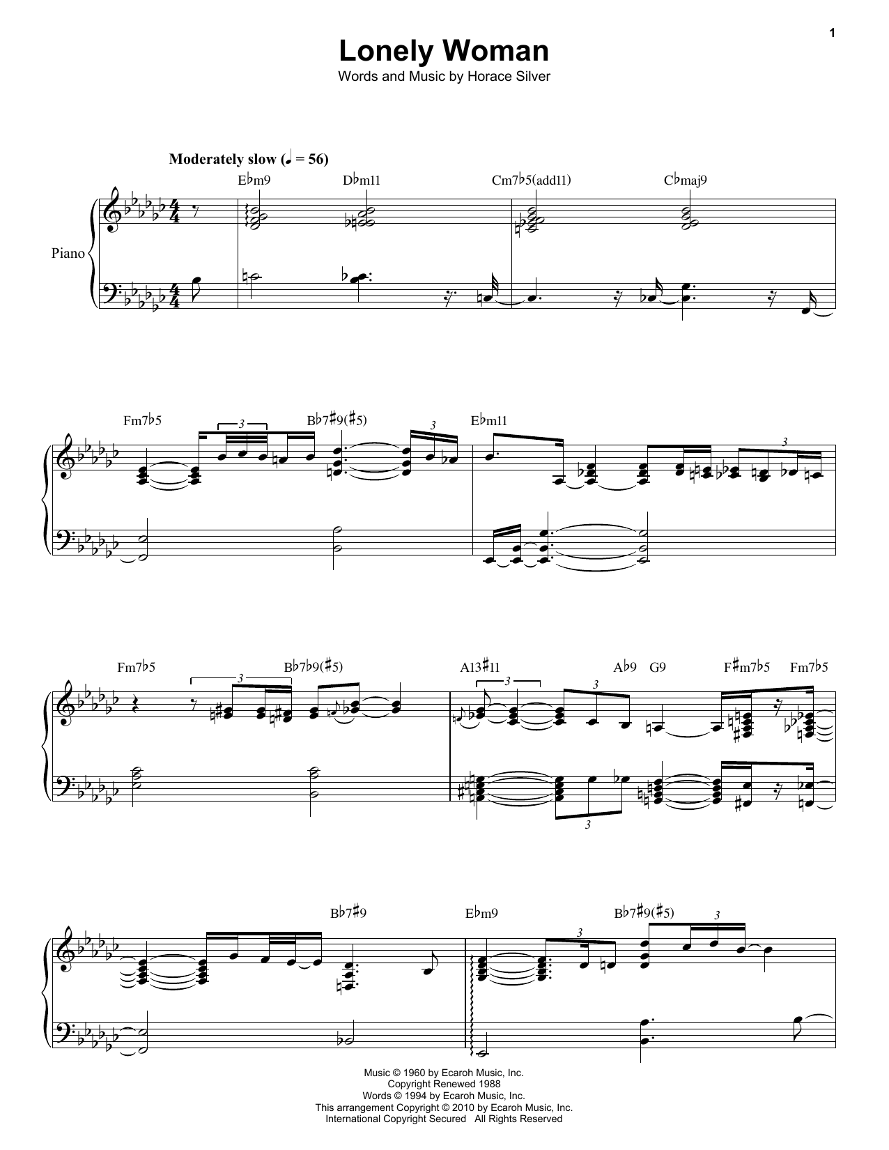 Horace Silver Lonely Woman sheet music notes and chords. Download Printable PDF.