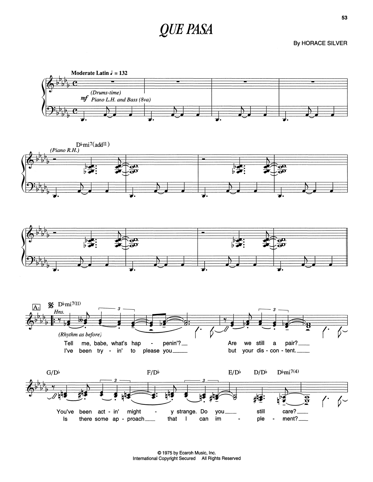 Horace Silver Que Pasa sheet music notes and chords. Download Printable PDF.