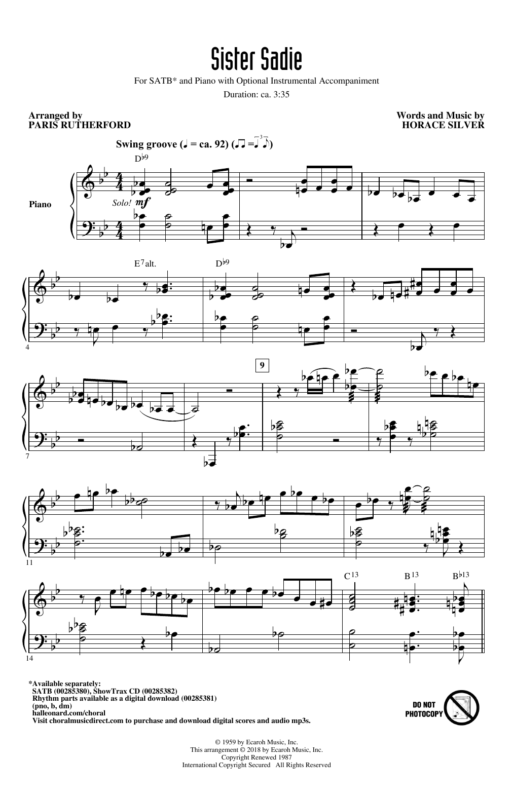 Learn to play Horace Silver Sister Sadie (arr. Paris Rutherford) sheet music for SATB Choir in minutes. Price: 3.9900$ Horace Silver Sister Sadie (arr. Paris Rutherford) sheet music notes and chords arranged for SATB Choir