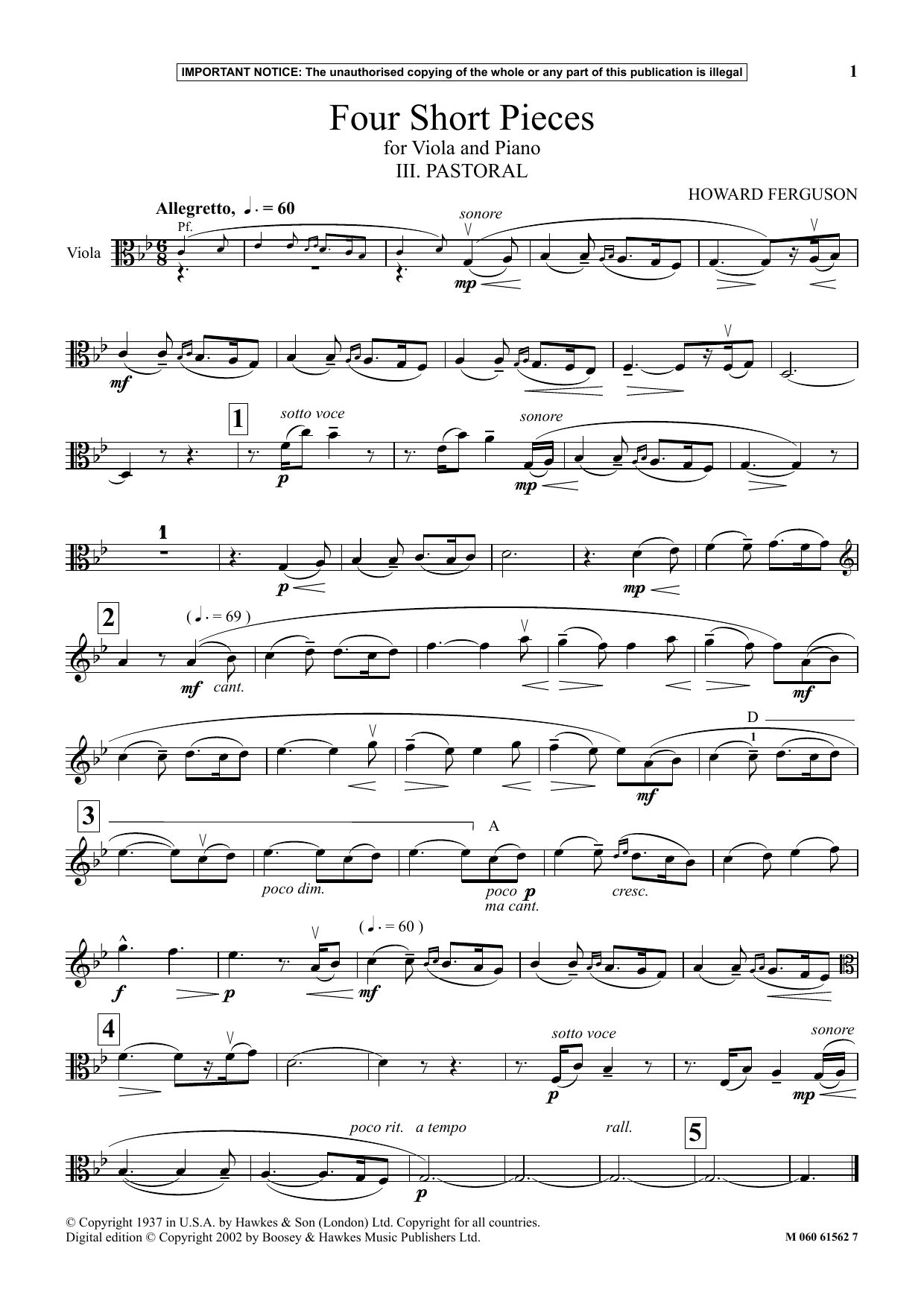 Learn to play Howard Ferguson III. Pastoral (from Four Short Pieces For Viola And Piano) sheet music for Instrumental Solo in minutes. Price: 5.9900$ Howard Ferguson III. Pastoral (from Four Short Pieces For Viola And Piano) sheet music notes and chords arranged for Instrumental Solo