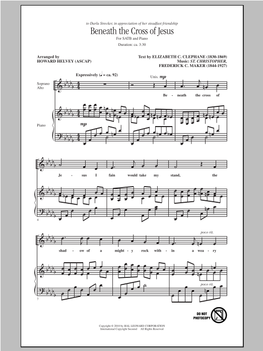 Learn to play Frederick C. Maker Beneath The Cross Of Jesus (arr. Howard Helvey) sheet music for SATB Choir in minutes. Price: 3.9900$ Frederick C. Maker Beneath The Cross Of Jesus (arr. Howard Helvey) sheet music notes and chords arranged for SATB Choir