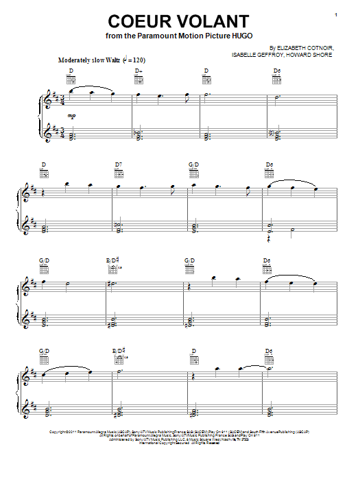 Howard Shore Coeur Volant sheet music notes and chords. Download Printable PDF.