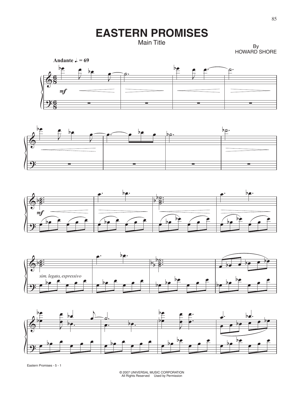 Howard Shore Eastern Promises sheet music notes and chords. Download Printable PDF.