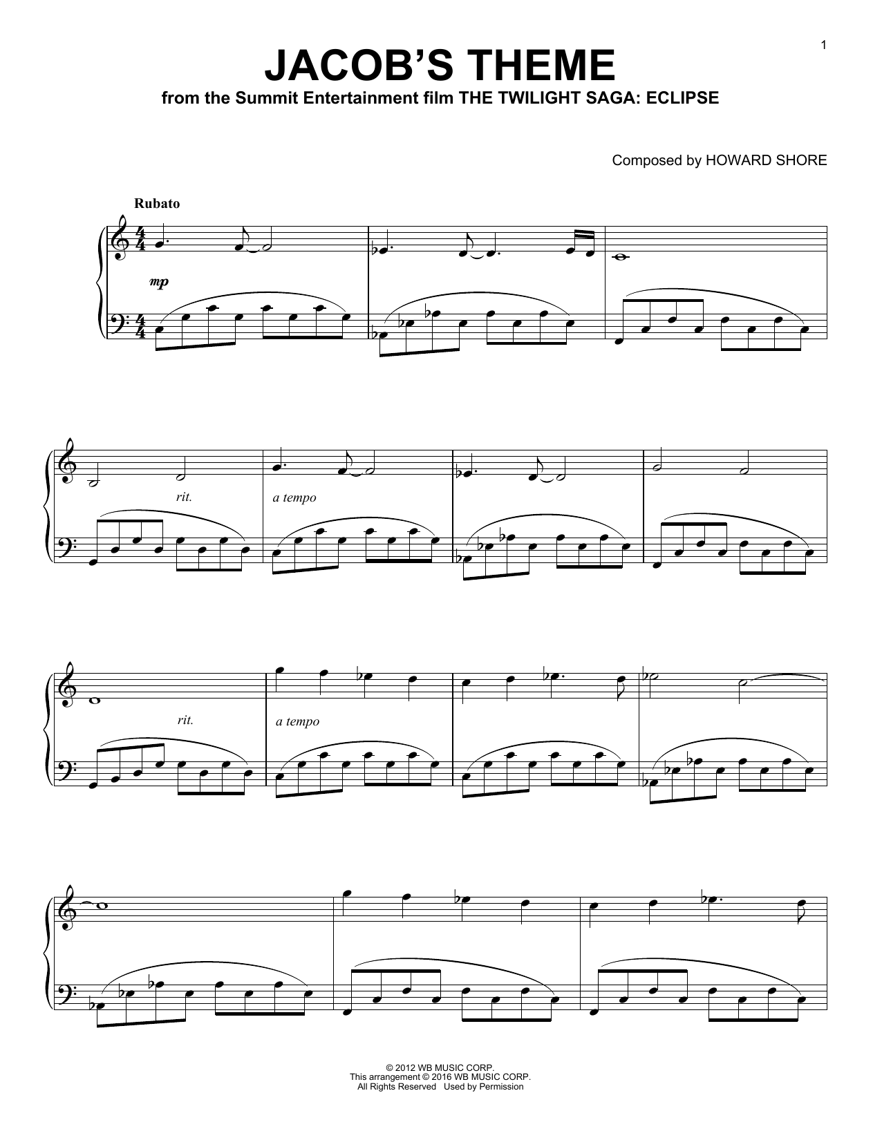 Howard Shore "Jacob's Theme" Sheet Music PDF Notes, Chords | Film/TV Score  Piano Solo Download Printable. SKU: 91743