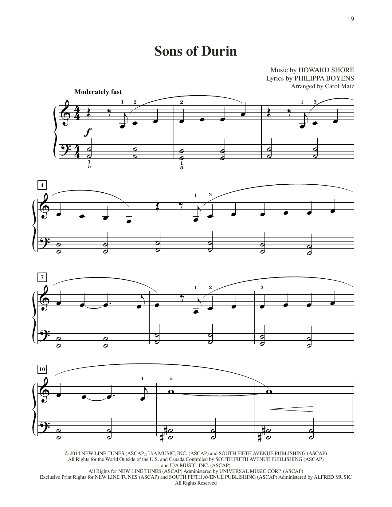 Learn to play Howard Shore Sons Of Durin (from The Hobbit: The Battle of the Five Armies) (arr. Carol Matz) sheet music for Big Note Piano in minutes. Price: 6.9900$ Howard Shore Sons Of Durin (from The Hobbit: The Battle of the Five Armies) (arr. Carol Matz) sheet music notes and chords arranged for Big Note Piano