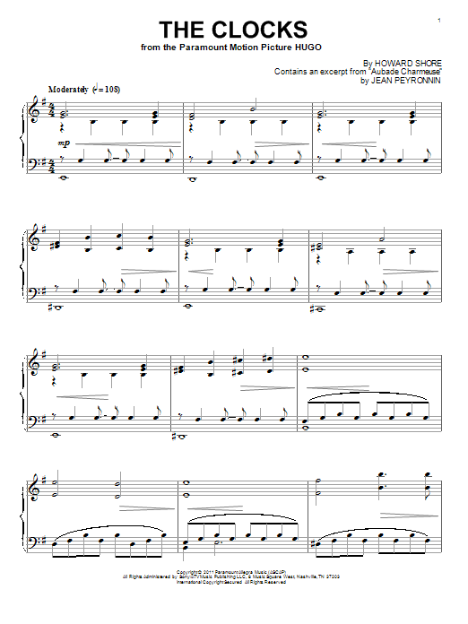 Howard Shore The Clocks sheet music notes and chords. Download Printable PDF.