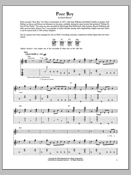 Howlin' Wolf Poor Boy sheet music notes and chords. Download Printable PDF.