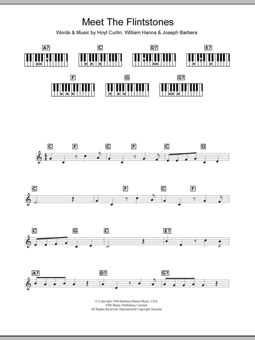 Learn to play Hoyt Curtin (Meet The) Flintstones sheet music for Piano Chords/Lyrics in minutes. Price: 3.9900$ Hoyt Curtin (Meet The) Flintstones sheet music notes and chords arranged for Piano Chords/Lyrics
