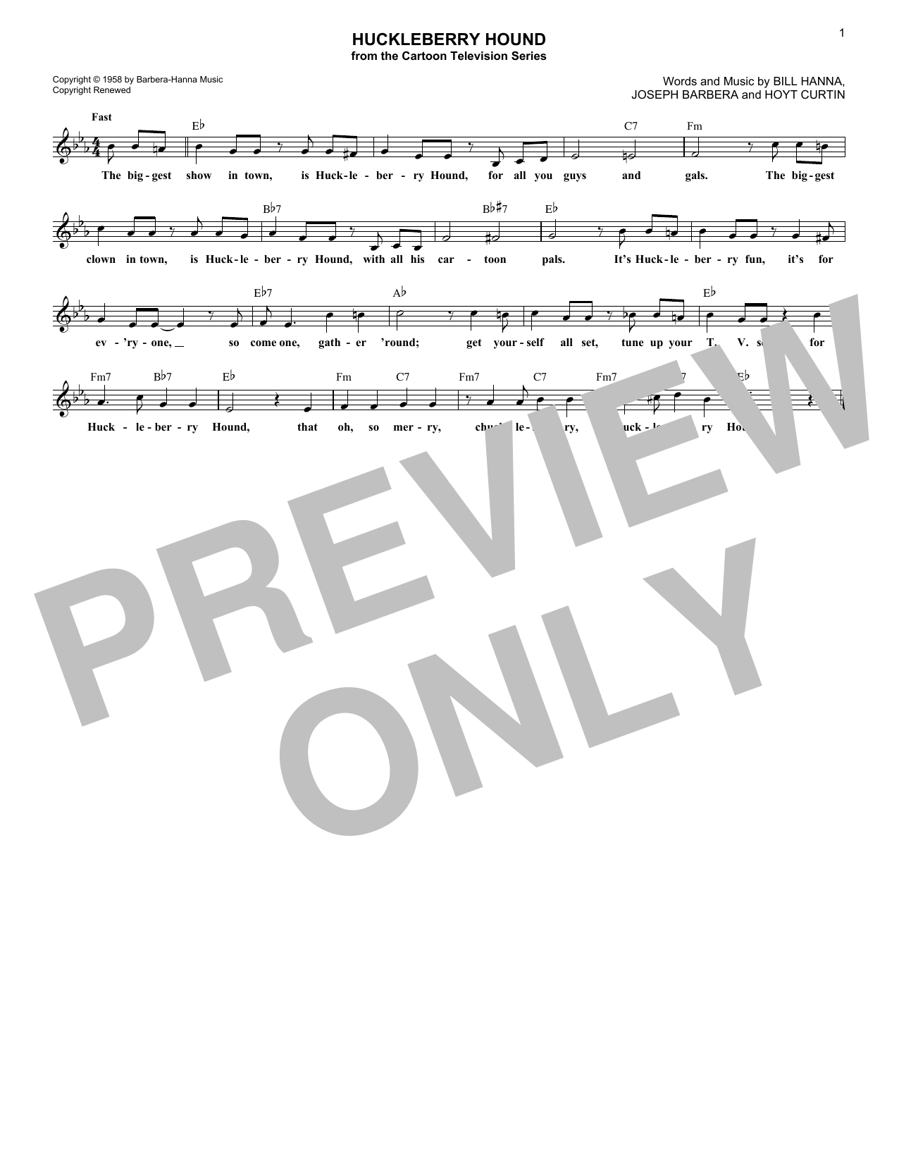 Hoyt Curtin Huckleberry Hound sheet music notes and chords. Download Printable PDF.