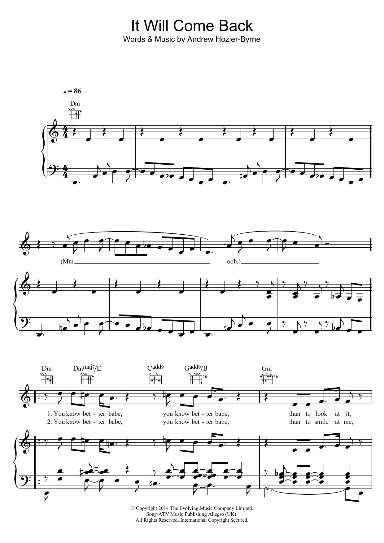 Hozier It Will Come Back sheet music notes and chords. Download Printable PDF.