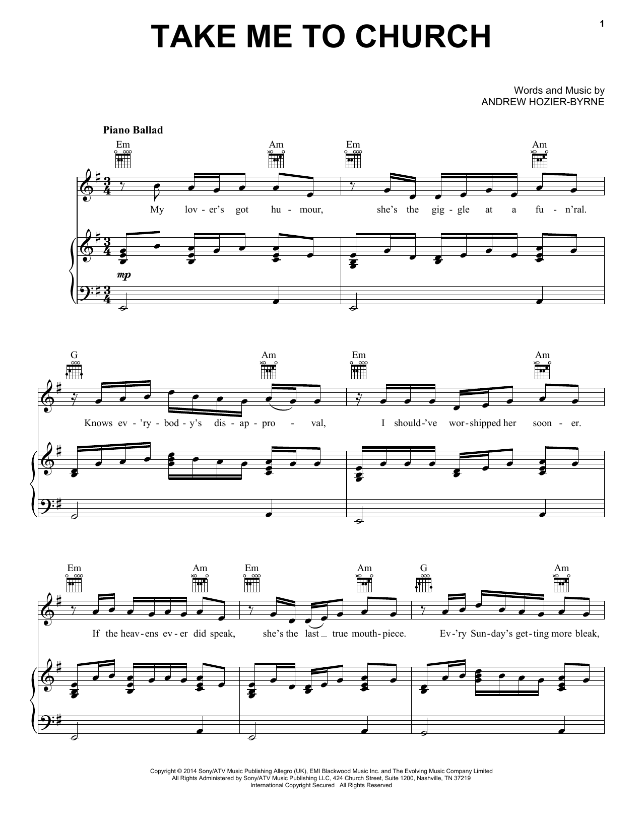 Hozier Take Me To Church sheet music notes and chords. Download Printable PDF.