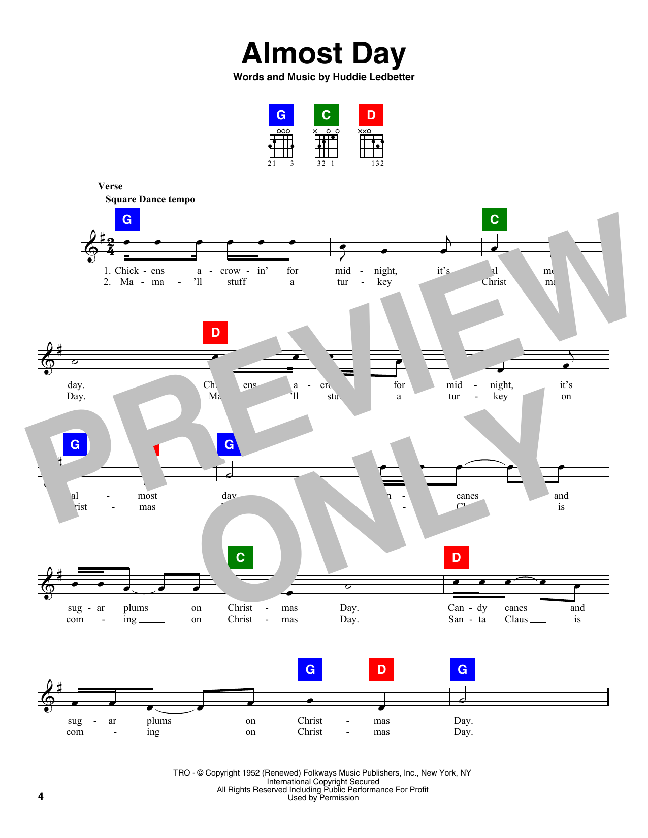 Huddie Ledbetter Almost Day sheet music notes and chords. Download Printable PDF.