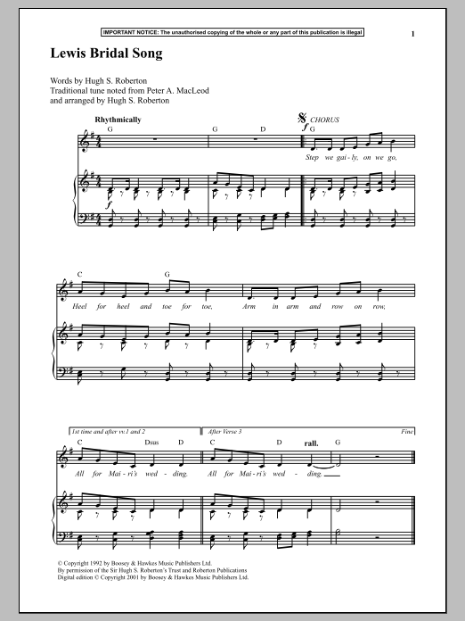 Learn to play Hugh S. Roberton Lewis Bridal Song sheet music for Piano & Vocal in minutes. Price: 6.9900$ Hugh S. Roberton Lewis Bridal Song sheet music notes and chords arranged for Piano & Vocal