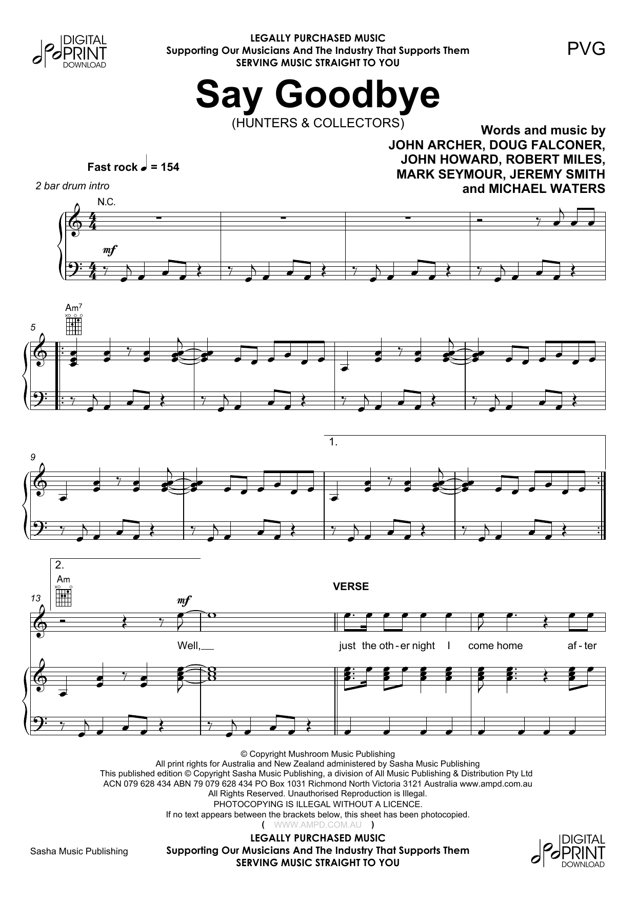 Hunters & Collectors Say Goodbye sheet music notes and chords. Download Printable PDF.