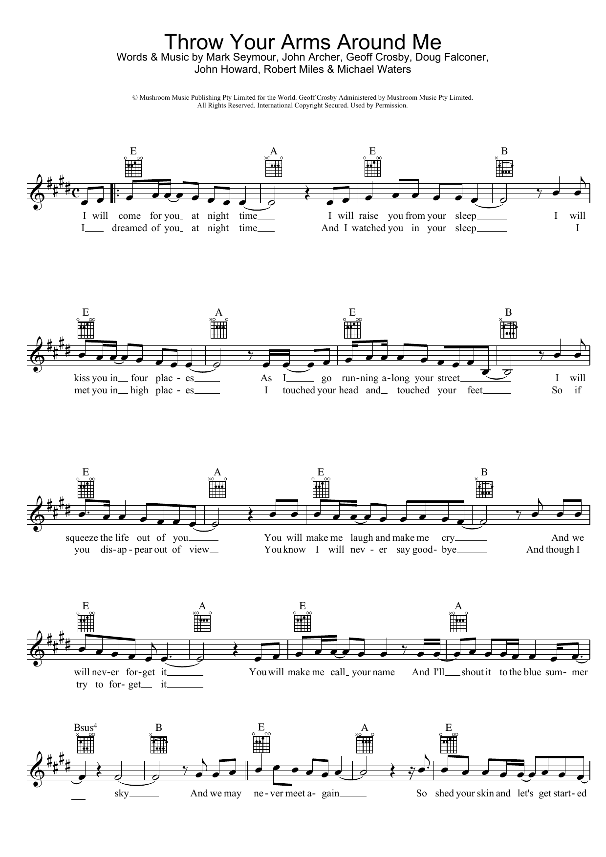 Learn to play Hunters & Collectors Throw Your Arms Around Me sheet music for Lead Sheet / Fake Book in minutes. Price: 5.9900$ Hunters & Collectors Throw Your Arms Around Me sheet music notes and chords arranged for Lead Sheet / Fake Book