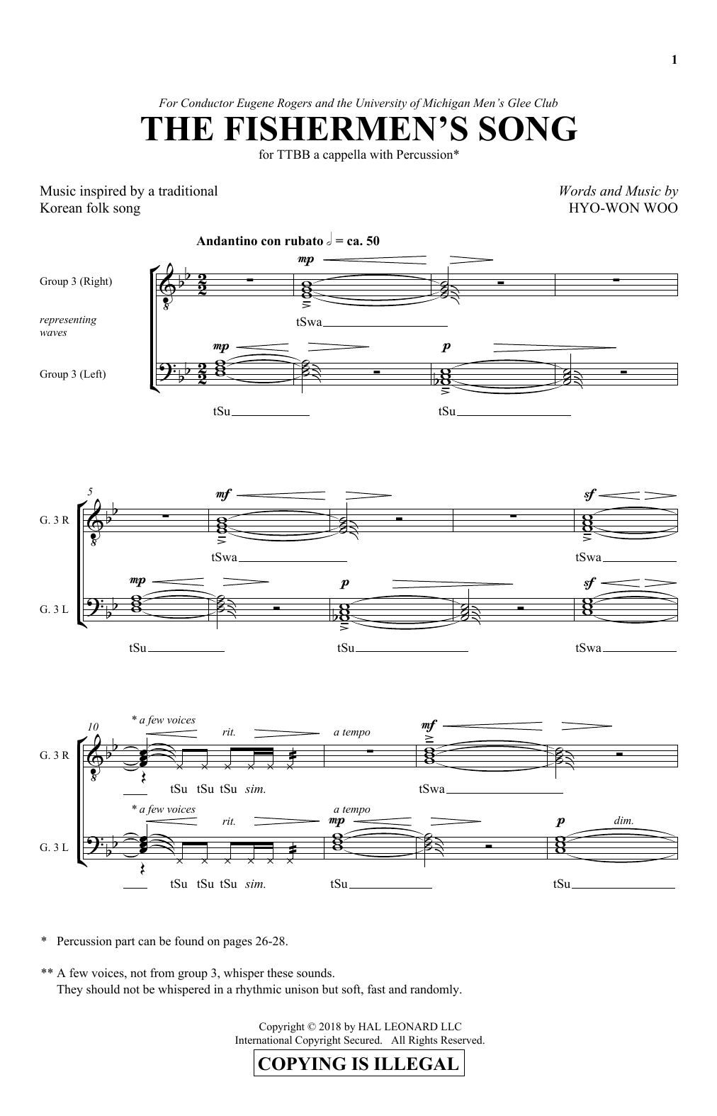 Learn to play Hyo-Won Woo The Fishermen's Song sheet music for TTBB Choir in minutes. Price: 3.9900$ Hyo-Won Woo The Fishermen's Song sheet music notes and chords arranged for TTBB Choir