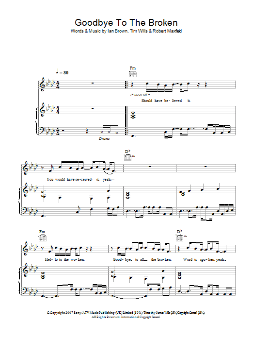 Learn to play Ian Brown Goodbye To The Broken sheet music for Piano, Vocal & Guitar in minutes. Ian Brown Goodbye To The Broken sheet music notes and chords. Download Printable PDF.