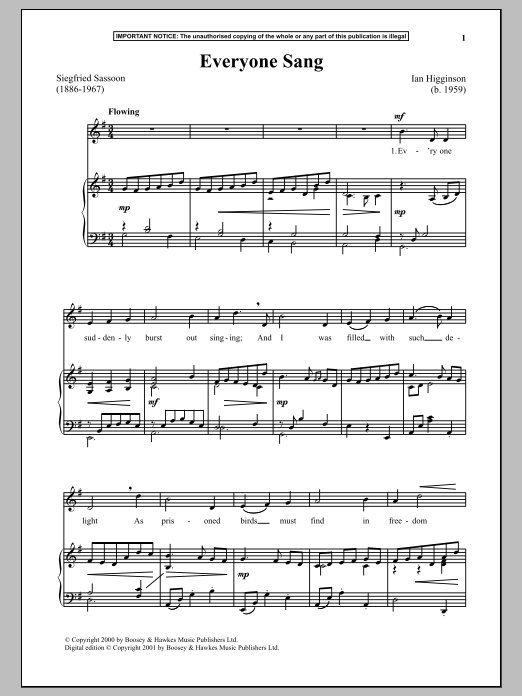 Ian Higginson Everyone Sang sheet music notes and chords arranged for Piano & Vocal