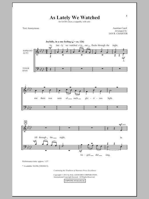 Learn to play Ian R. Charter As Lately We Watched sheet music for SATB Choir in minutes. Price: 3.9900$ Ian R. Charter As Lately We Watched sheet music notes and chords arranged for SATB Choir