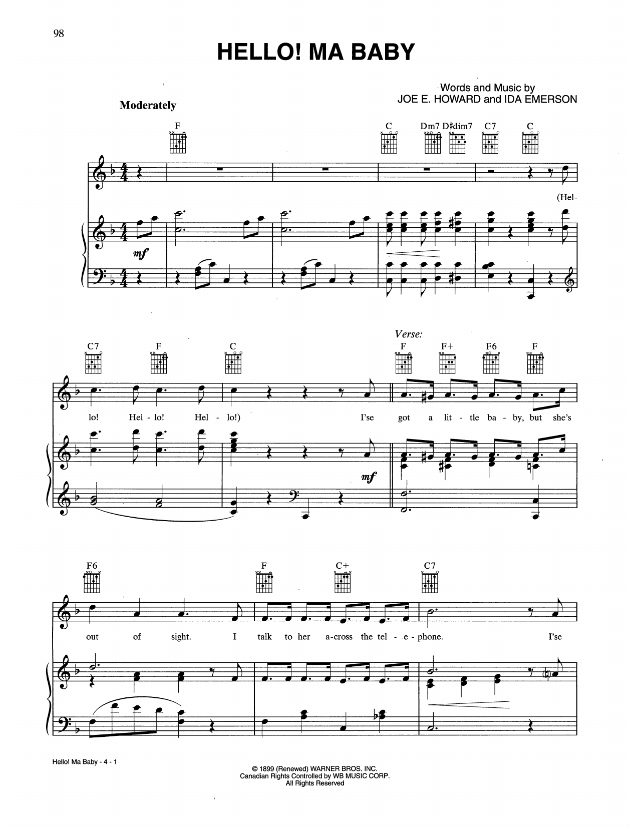 Ida Emerson Hello! Ma Baby sheet music notes and chords. Download Printable PDF.