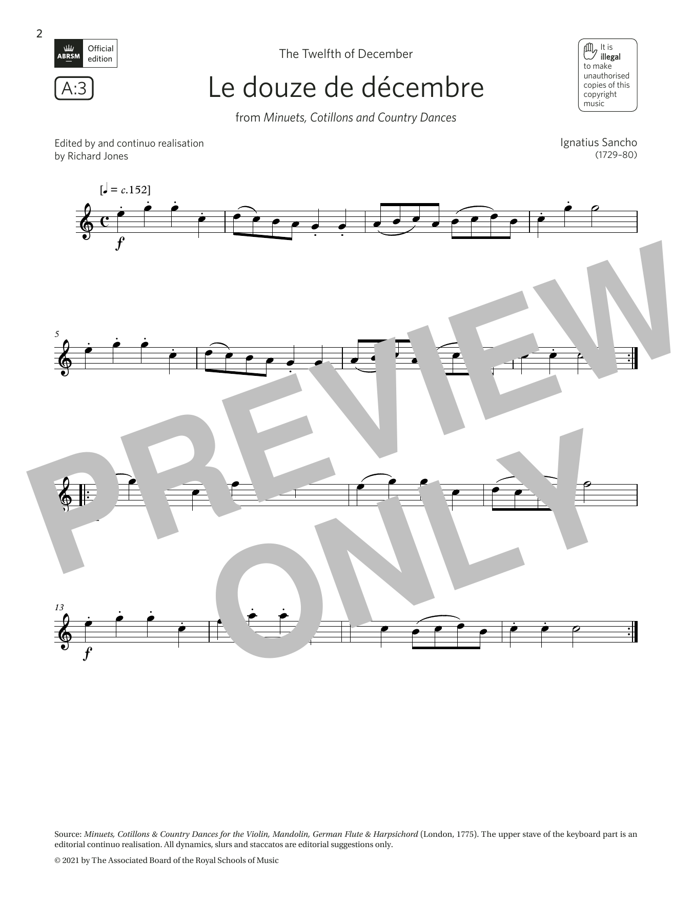 Ignatius Sancho Le douze de décembre (Grade 1 List A3 from the ABRSM Flute syllabus from 2022) sheet music notes and chords. Download Printable PDF.